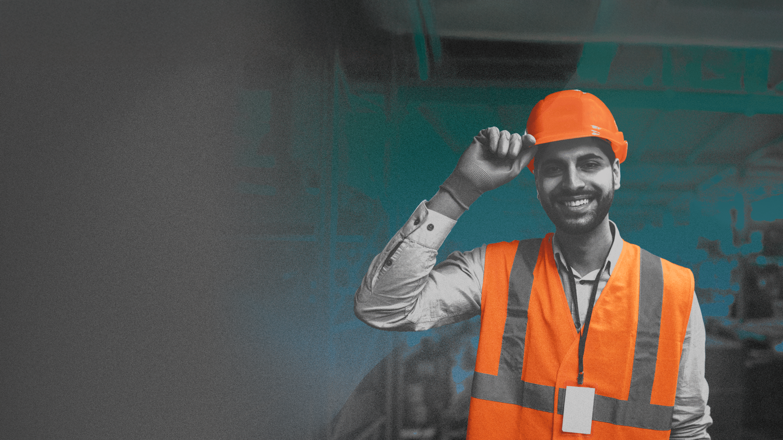 Trabalhador com capacete e colete laranja, na campanha institucional Commanders