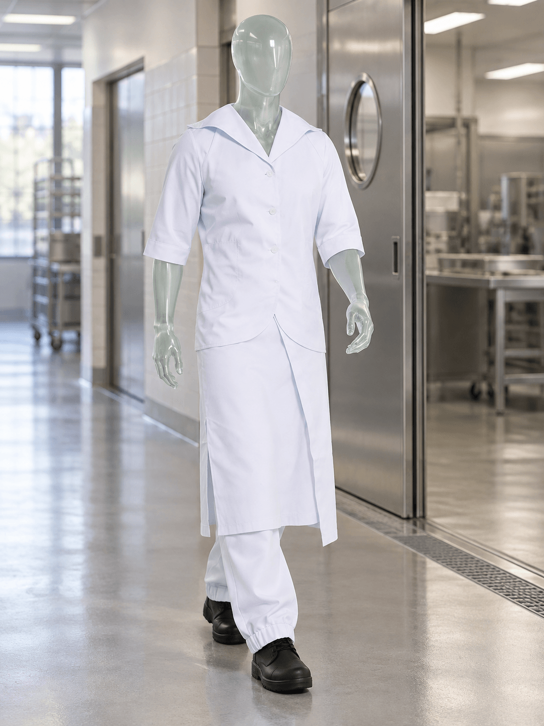Manequim de vidro vestindo Clean Wear — alimentícia em cenário de trabalho, imagem ilustrativa da linha