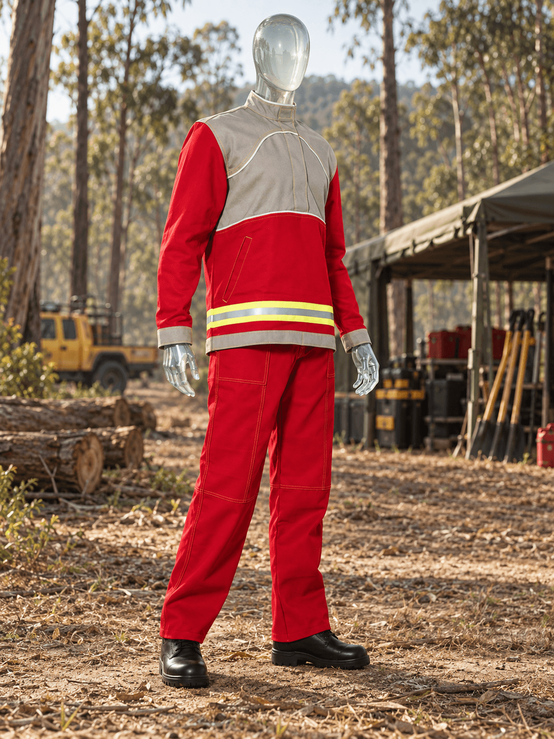 Manequim de vidro vestindo Incêndio Florestal em cenário de trabalho, imagem ilustrativa da linha