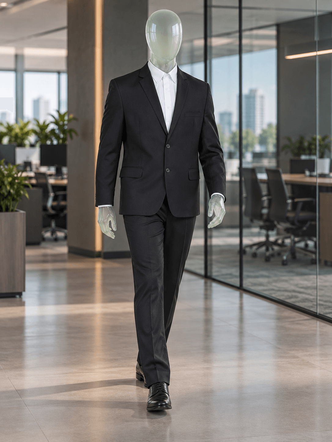 Manequim de vidro vestindo Work Wear — administrativo em cenário de trabalho, imagem ilustrativa da linha