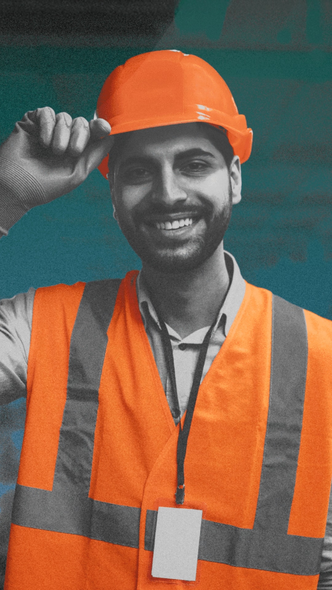 Trabalhador com capacete e colete laranja, na campanha institucional Commanders