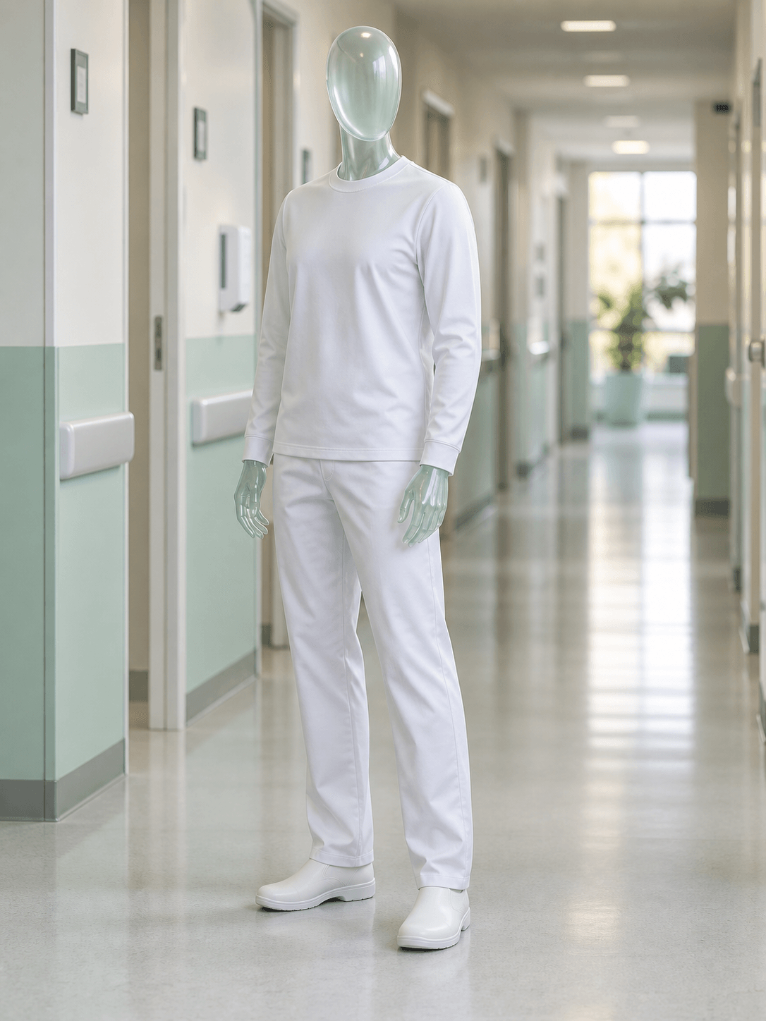 Manequim de vidro vestindo Clean Wear — hospitalar em cenário de trabalho, imagem ilustrativa da linha
