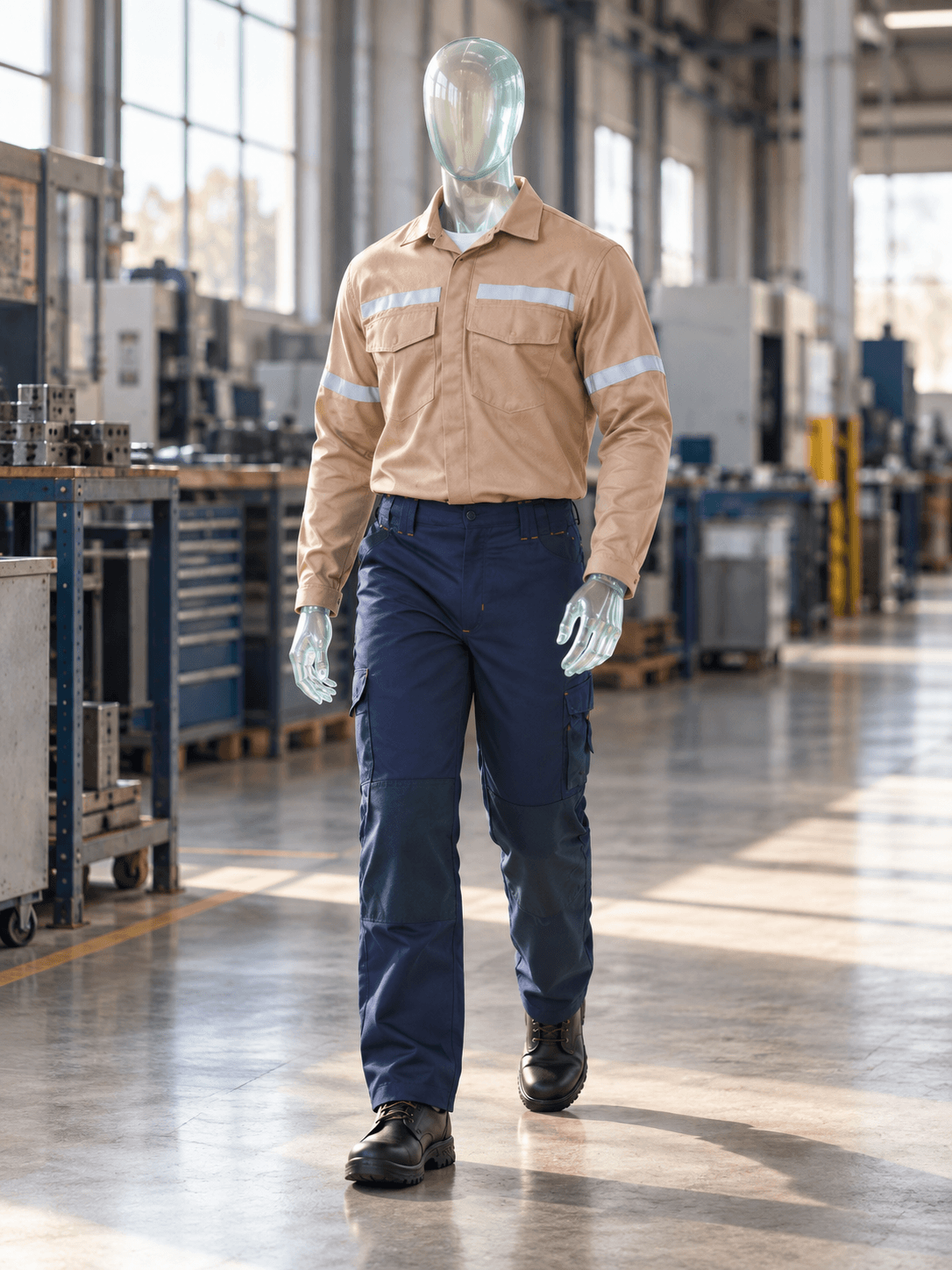 Manequim de vidro vestindo Work Wear — operacional em cenário de trabalho, imagem ilustrativa da linha